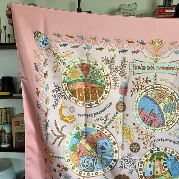 Hermes Escales Méditerranéennes Mousseline Fish Aquatic Pink Scarf Shawl - Picture 3 of 13